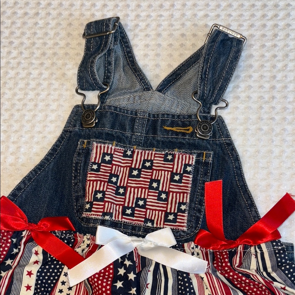 BABY GAP Red White Blue Denim Overalls Patriotic Stars Stripes Bib Skirt Ruffles - Picture 9 of 16